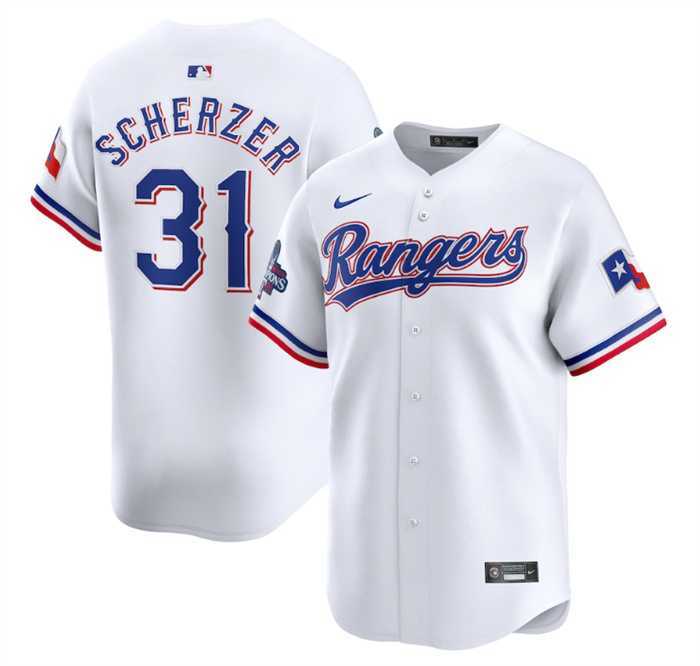 Mens Texas Rangers #31 Max Scherzer White 2023 World Series Champions Stitched Baseball Jersey Dzhi